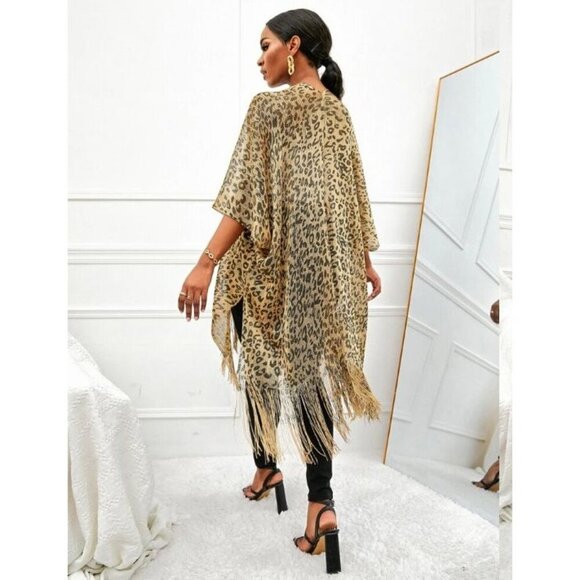 Leopard Pattern Fringe Kimono, Wrap, Cardigan, Swim Cover-up - Picture 8 of 8